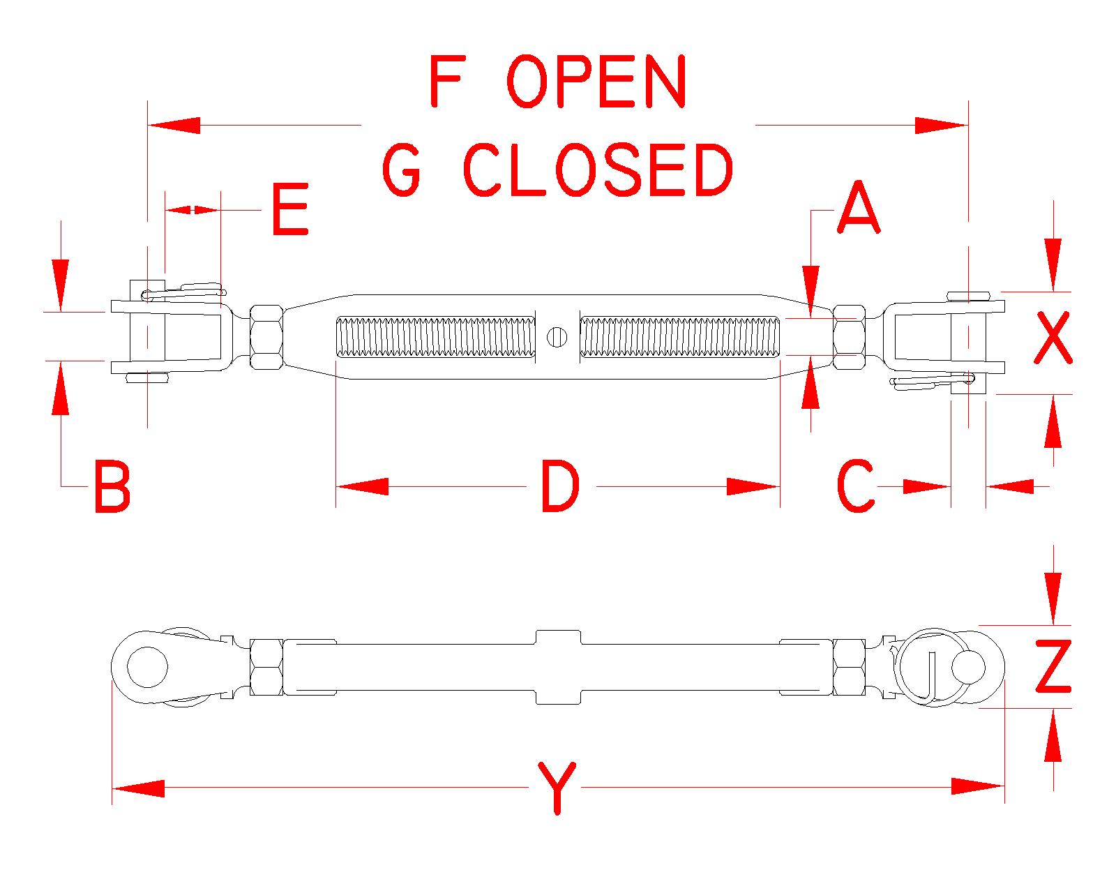 Stainless Steel Cast Jaw and Jaw Turnbuckle with Nuts, S0105-0005, S0105-0007, S0105-0008, S0105-0010, S0105-0013, S0105-0016, S0105-0020, Line Drawing Stainless Steel Cast Jaw and Jaw Turnbuckle with Nuts, S0105-0005, S0105-0007, S0105-0008, S0105-0010, S0105-0013, S0105-0016, S0105-0020, Line Drawing